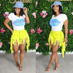 Summer Women Zipper Fly Washed Tassel Hem Regular Denim Short Pants Classic Streetwear Fashion Shorts Jeans